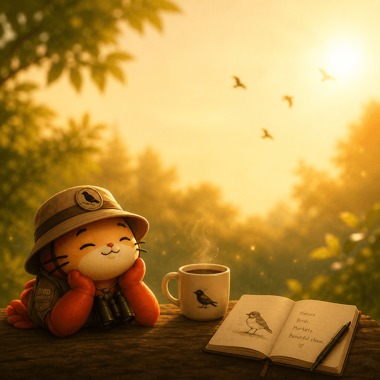 A bird watcher resting with binoculars, coffee, and a notebook in a sunlit forest